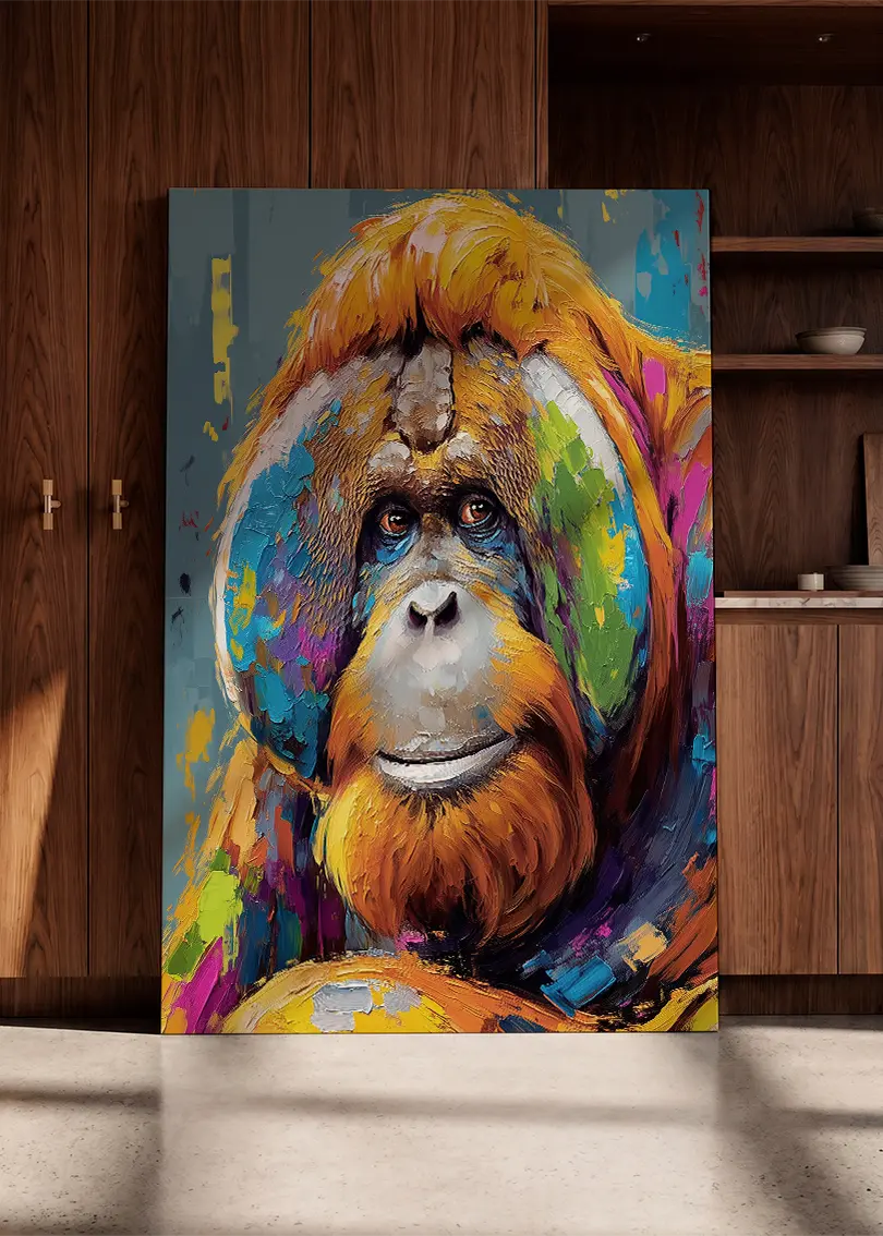 Akustikbillede med en orangutang, lænet mod en skabsvæg i valnød