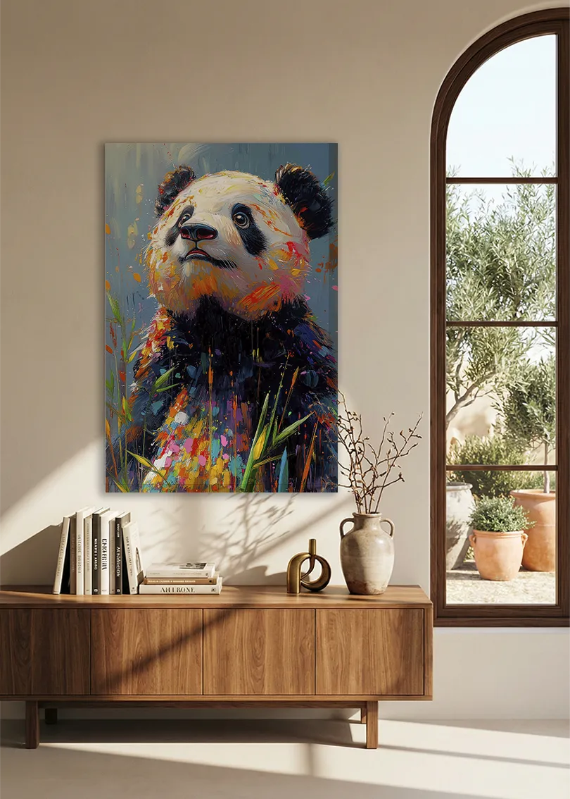 Akustikbillede med en panda, over en skænk i valnød ved et buet vindue