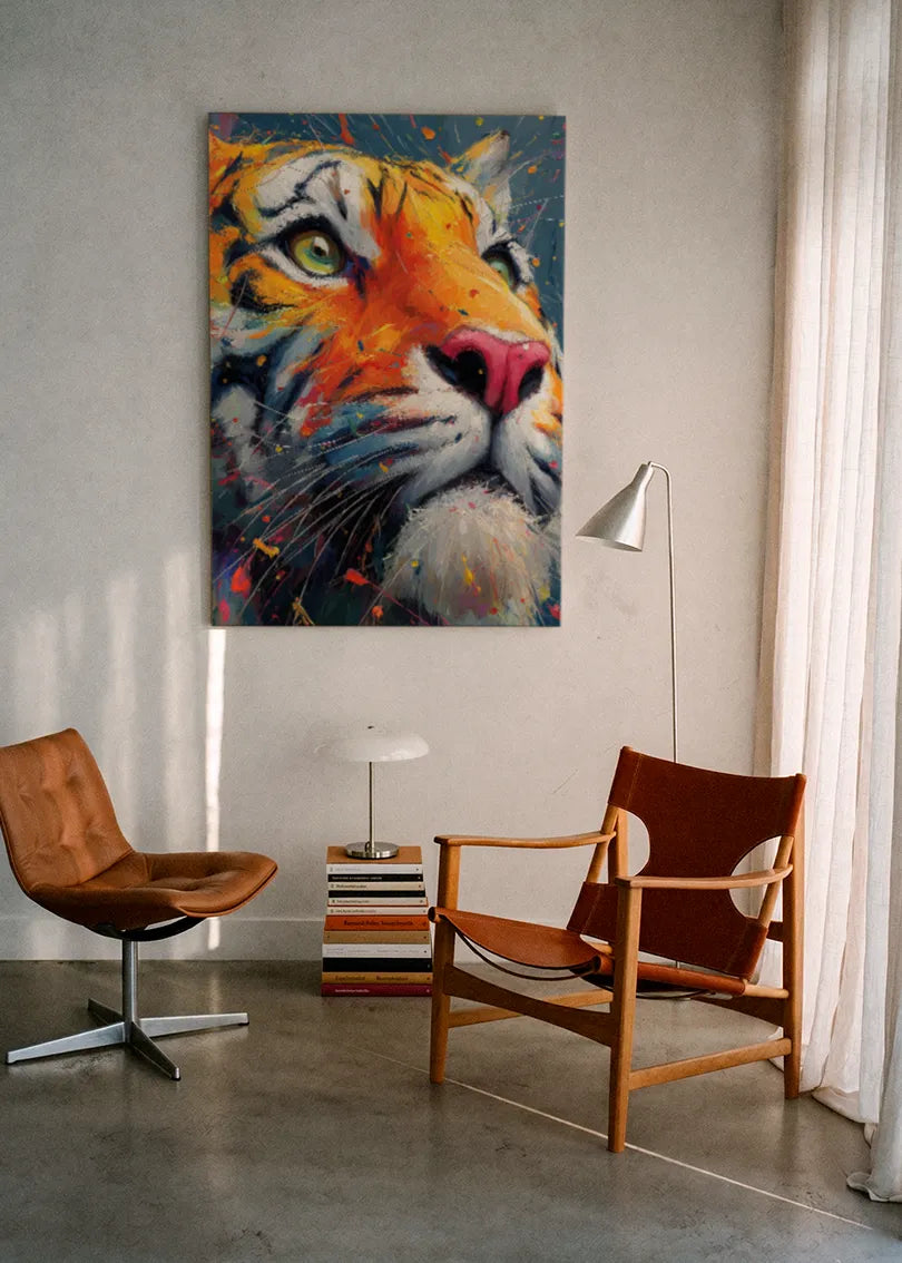 Akustikbillede med en tiger, ophængt over en lænestol ved gardinet