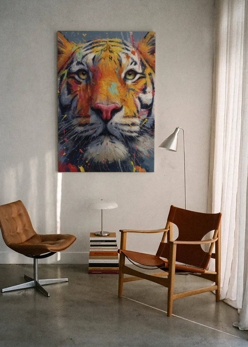 Akustikbillede med en tiger set forfra, ophængt over en lænestol ved gardinet