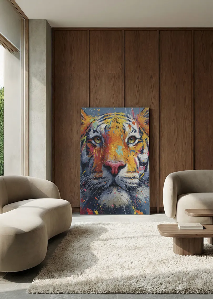 Akustikbillede med en tiger set forfra, i en lounge med bugtet sofa mod vægpanel i valnød