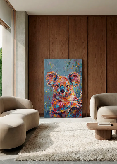Akustikbillede med en koala med unge, i en lounge med bugtet sofa mod vægpanel i valnød