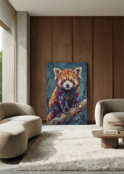 Akustikbillede med en rød panda, i en lounge med bugtet sofa mod vægpanel i valnød