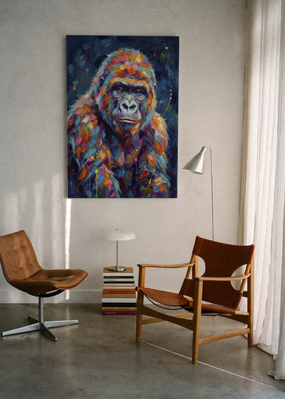 Akustikbillede med en gorilla, ophængt over en lænestol ved gardinet