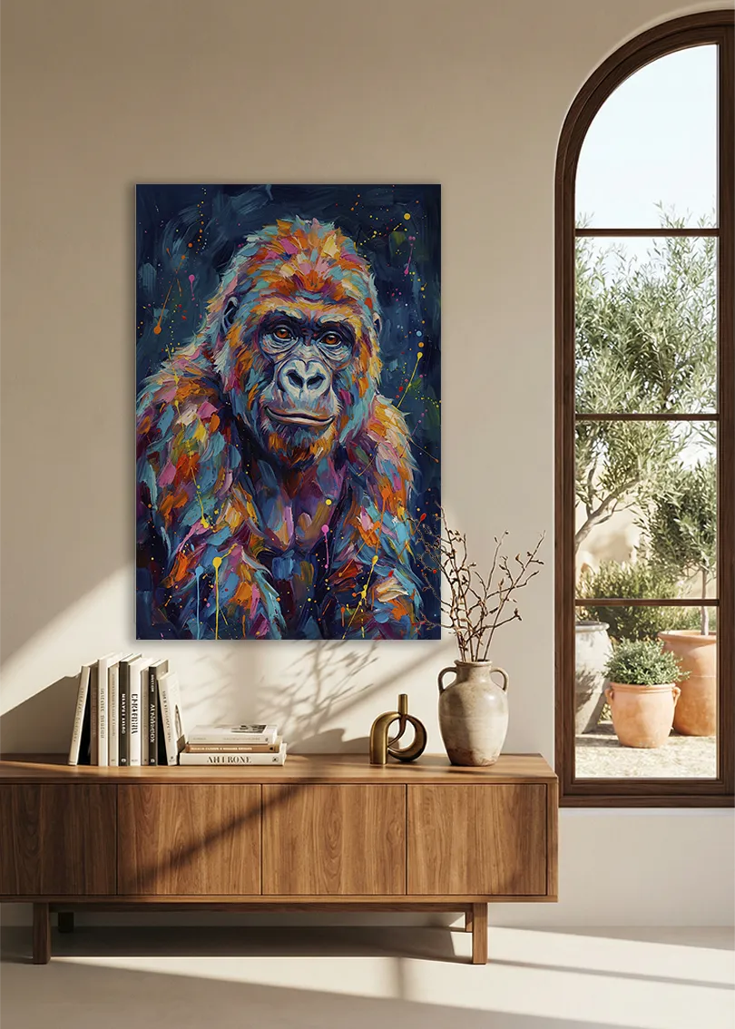 Akustikbillede med en gorilla, over en skænk i valnød ved et buet vindue
