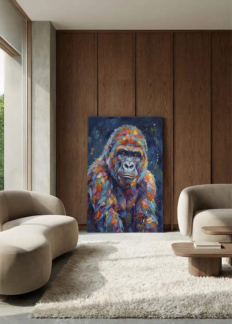 Akustikbillede med en gorilla, i en lounge med bugtet sofa mod vægpanel i valnød