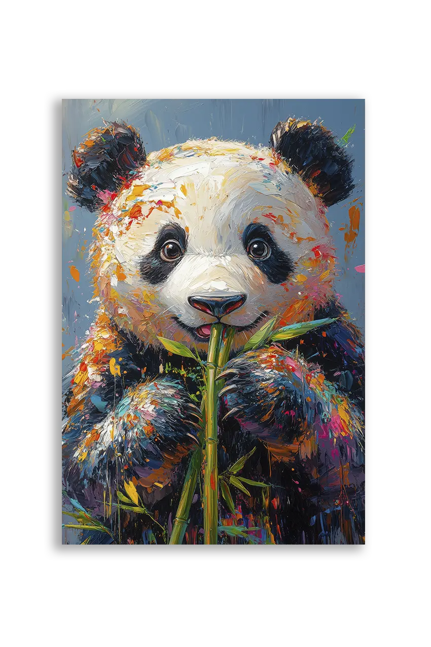 Akustikbillede med en farverigt malet panda