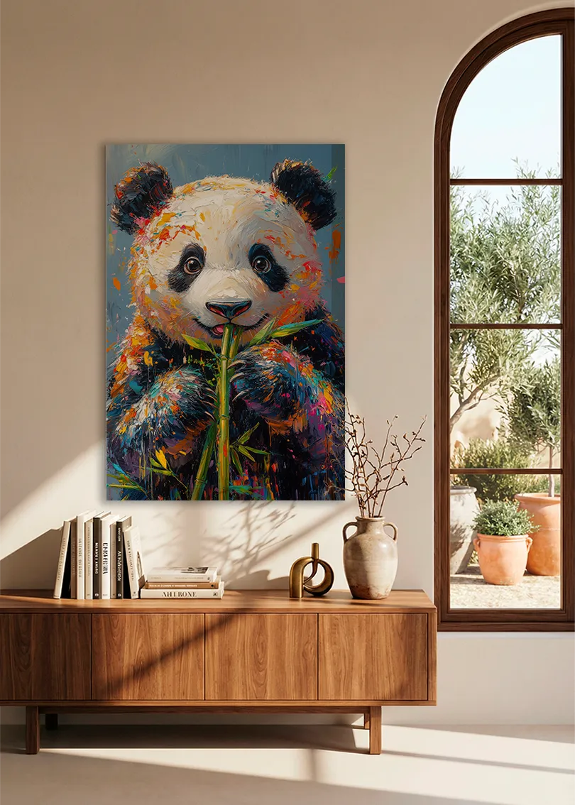 Akustikbillede med en farverigt malet panda, over en skænk i valnød