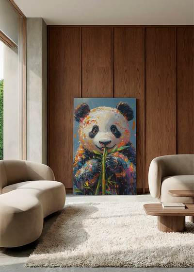 Akustikbillede med en farverigt malet panda, i en lounge med bugtet sofa