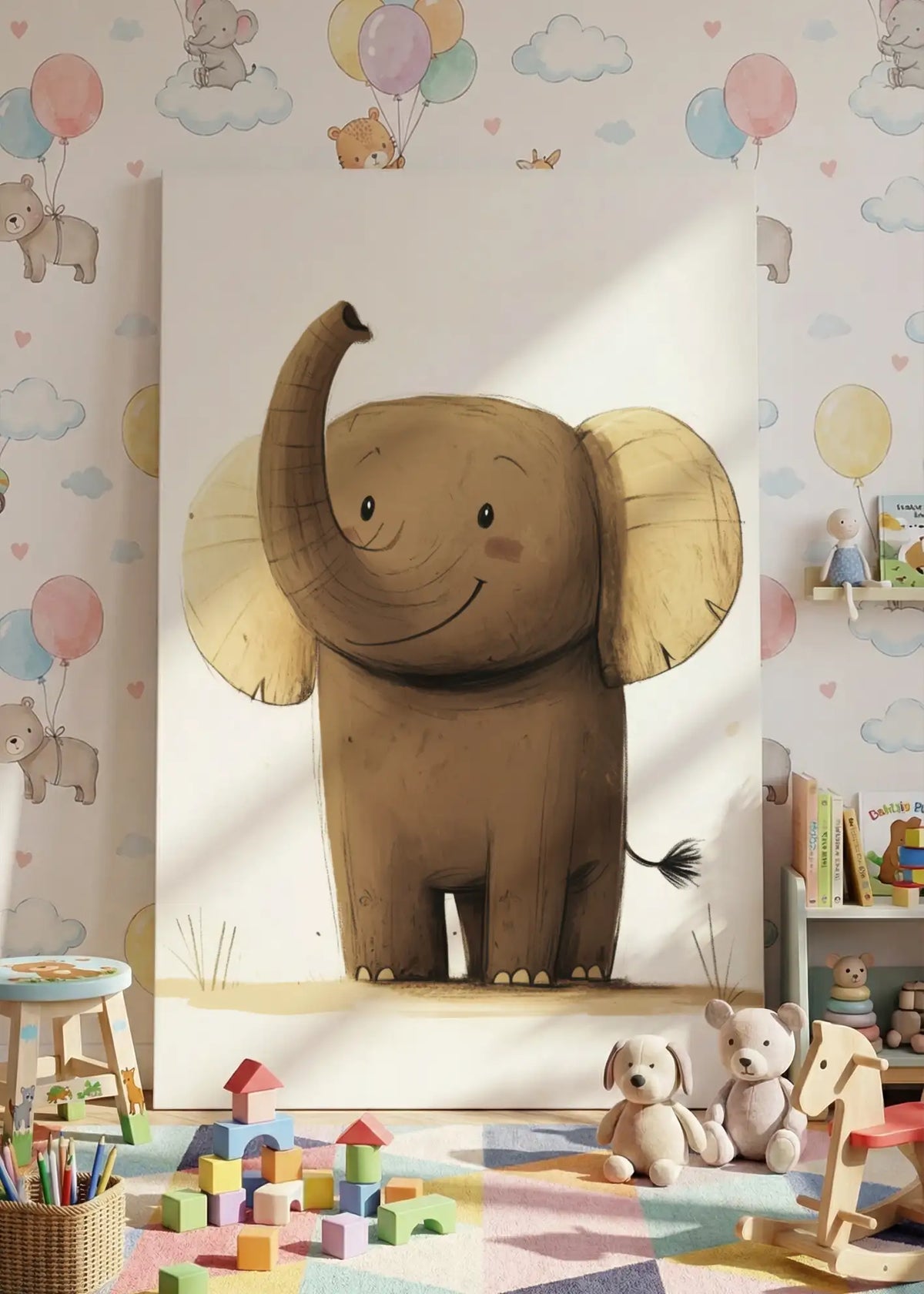 Akustikbillede med en enkel illustration af en elefant, i nærbillede mod ballontapet med legetøj i forgrunden