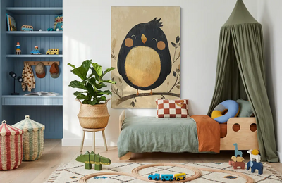 Akustikbillede med en enkel illustration af en pingvin på en gren, i et børneværelse med grøn sengehimmel og blå reol