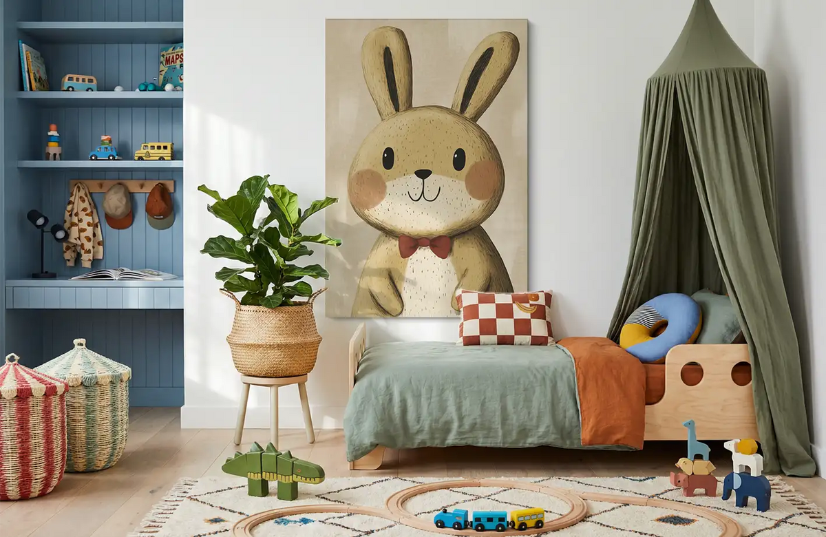Akustikbillede med en enkel illustration af en kanin med butterfly, i et børneværelse med grøn sengehimmel og blå reol