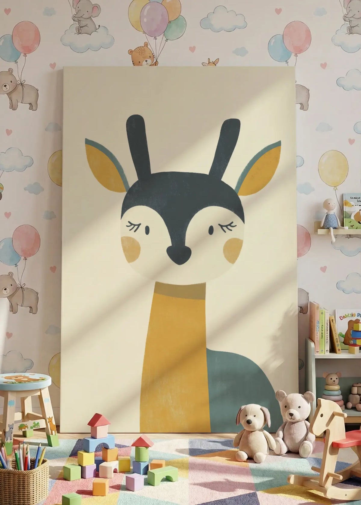 Akustikbillede med en enkel illustration af en antilope, i nærbillede mod ballontapet med legetøj i forgrunden