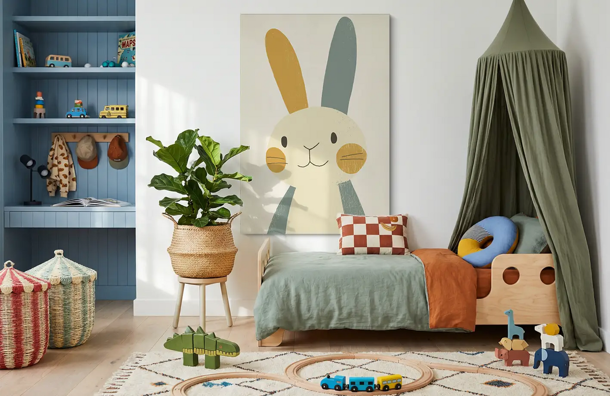 Akustikbillede med en enkel illustration af en kanin med lange ører, i et børneværelse med grøn sengehimmel og blå reol