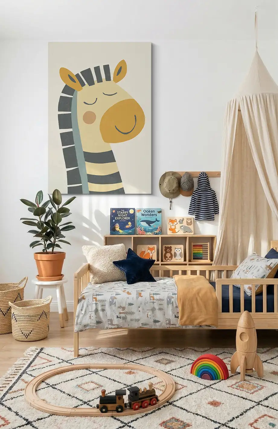 Akustikbillede med en enkel illustration af en zebra, ophængt i et lyst børneværelse med sengehimmel