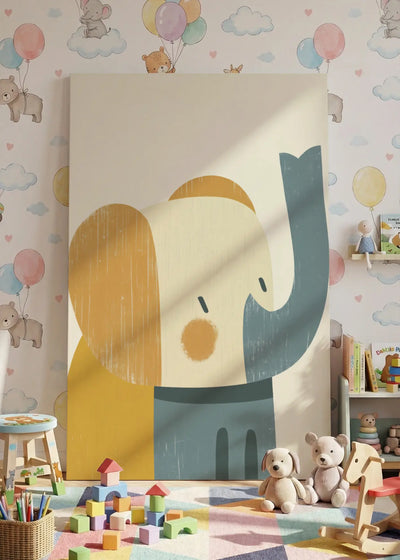 Akustikbillede med en enkel illustration af en elefant i gult, i nærbillede mod ballontapet med legetøj i forgrunden