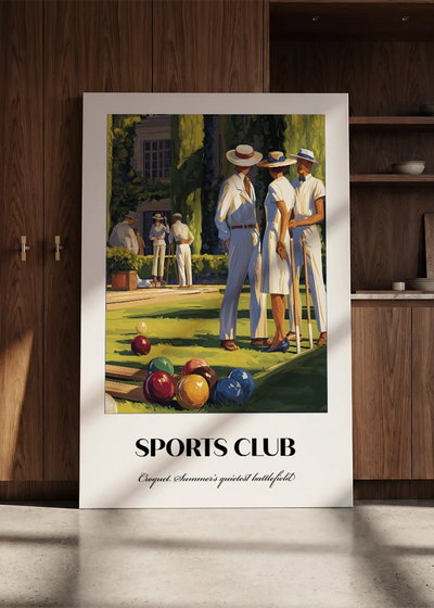 Akustikbillede med en sportsplakat med en golfspiller på grøn bane, lænet mod en skabsvæg i valnød