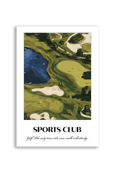 Akustikbillede med en sportsplakat med en golfbane set fra oven i grønt