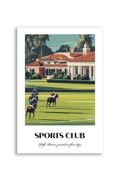 Akustikbillede med en sportsplakat med et klubhus med polospillere