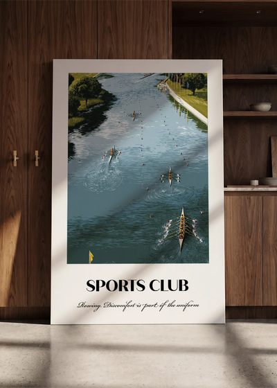Akustikbillede med en sportsplakat med en polokamp på grøn bane, lænet mod en skabsvæg i valnød