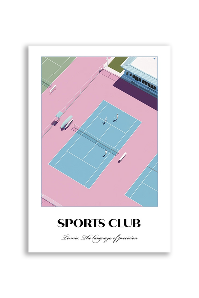 Akustikbillede med en sportsplakat med en tennisbane i lyserødt og turkis