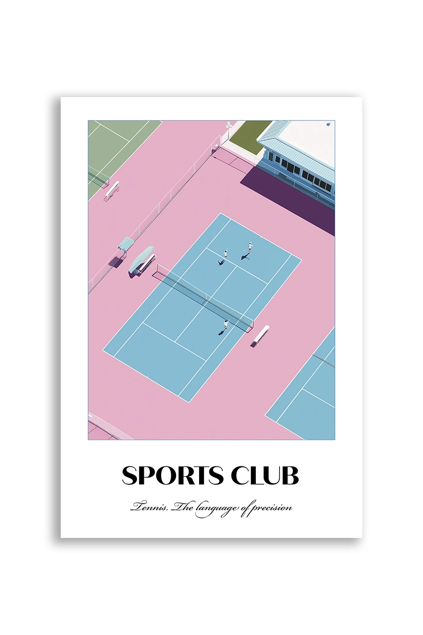 Akustikbillede med en sportsplakat med en tennisbane i lyserødt og turkis