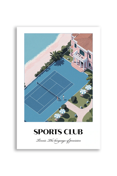 Akustikbillede med en sportsplakat med en tennisbane set fra oven i blåt