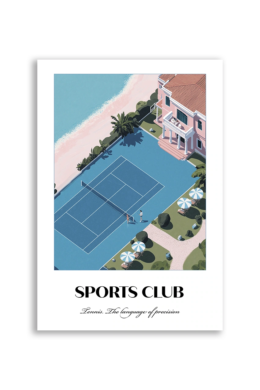 Akustikbillede med en sportsplakat med en tennisbane set fra oven i blåt