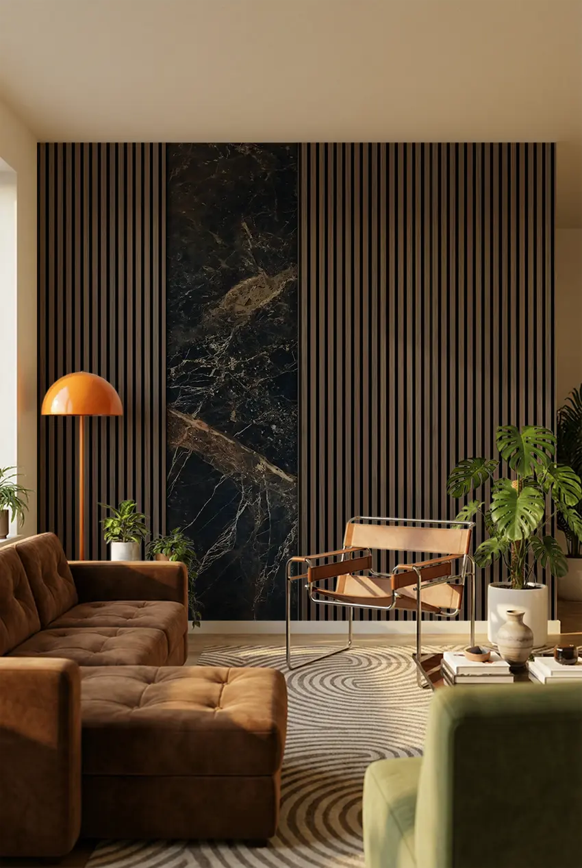 Akustiktillægsstykke i sort marmorlook, 61x244 cm, monteret i et soveværelse