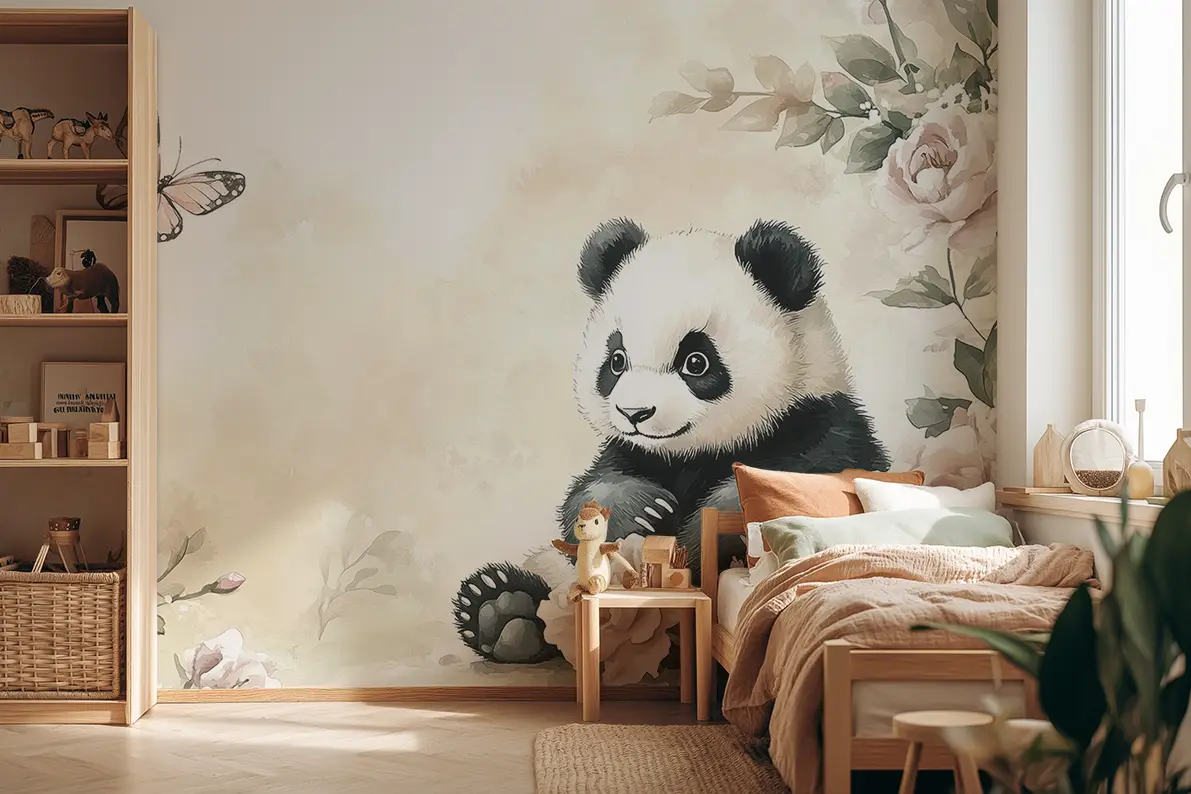 Akustikvæg med en tegnet panda med sommerfugle, i et børneværelse med seng og reol