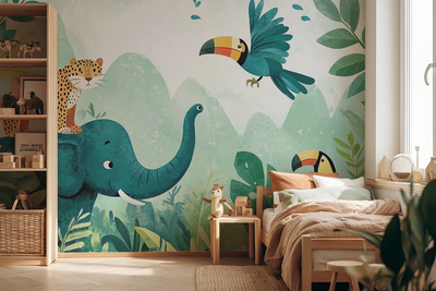 Akustikvæg med tegnede junglevenner med tiger og elefant, i et børneværelse med seng og reol