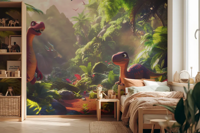 Akustikvæg med en tegnet dinosaurjungle i grønt