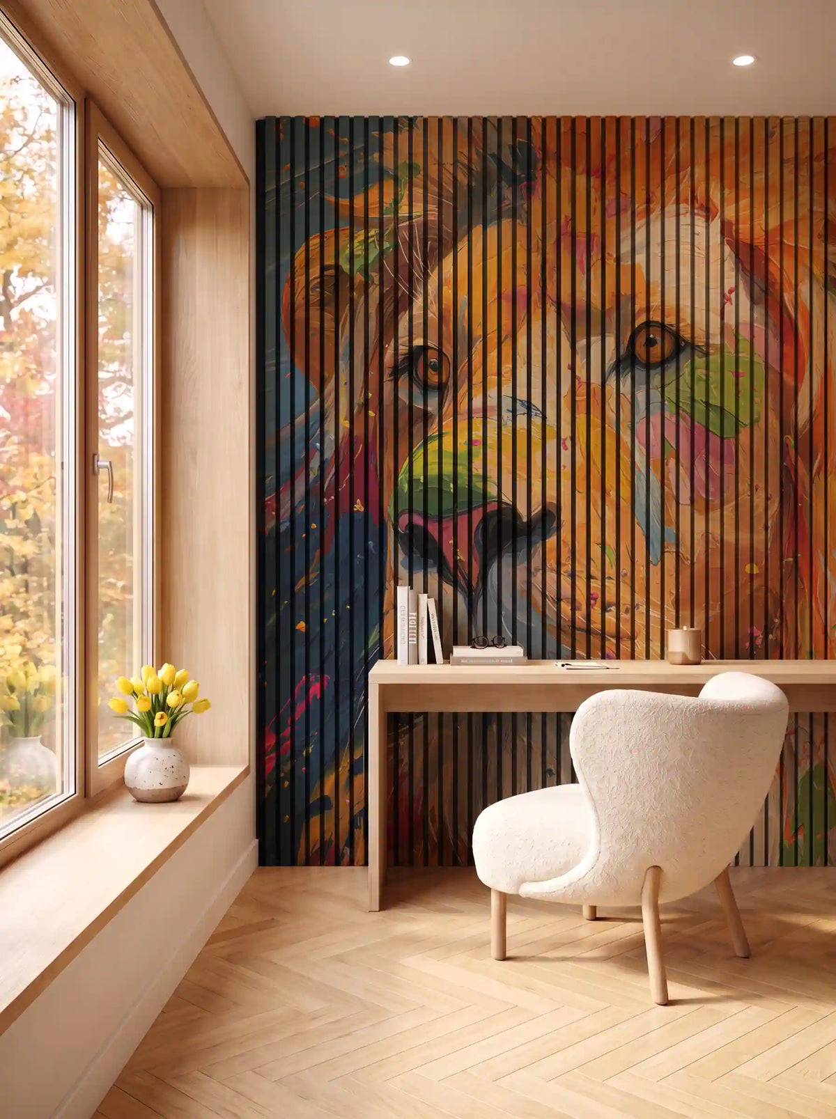 Akustikpanel med Painted Animal motiv nr. 5, i en spisestue