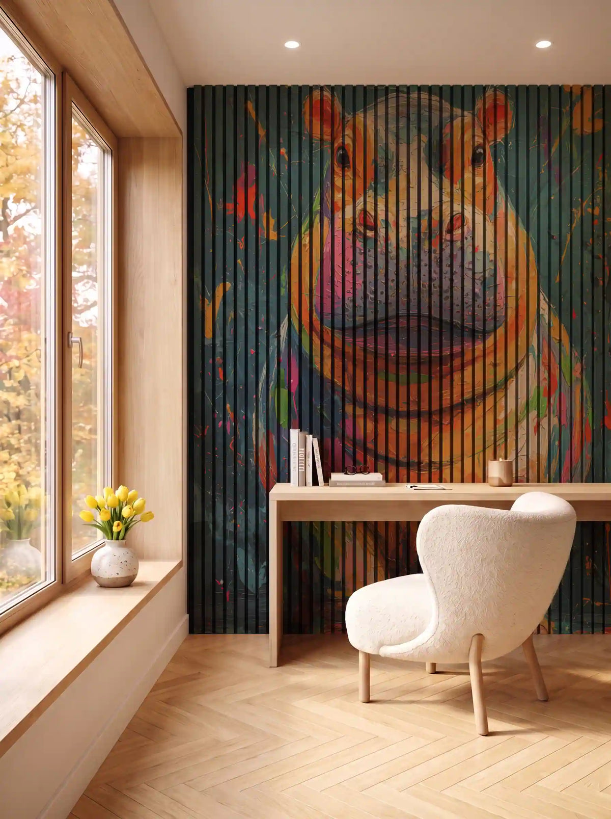 Akustikpanel med Painted Animal motiv nr. 7, i en spisestue