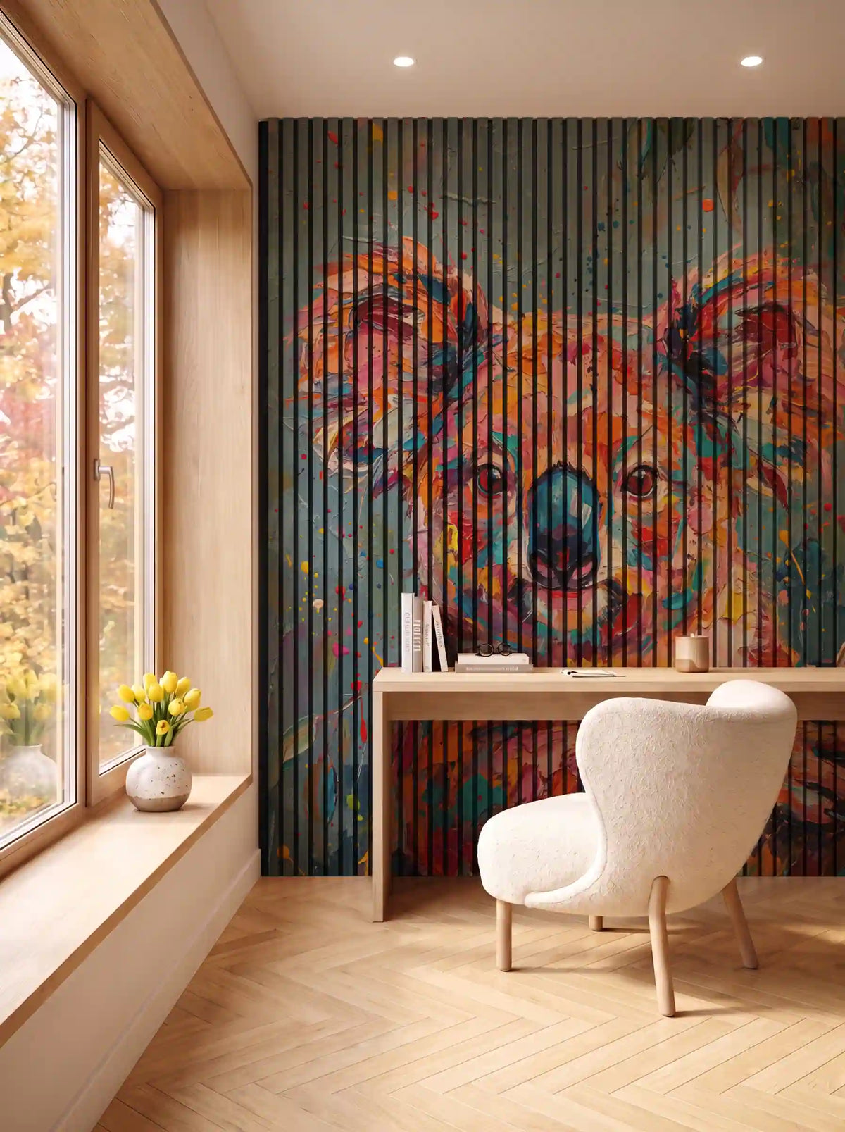 Akustikpanel med Painted Animal motiv nr. 19, i en spisestue