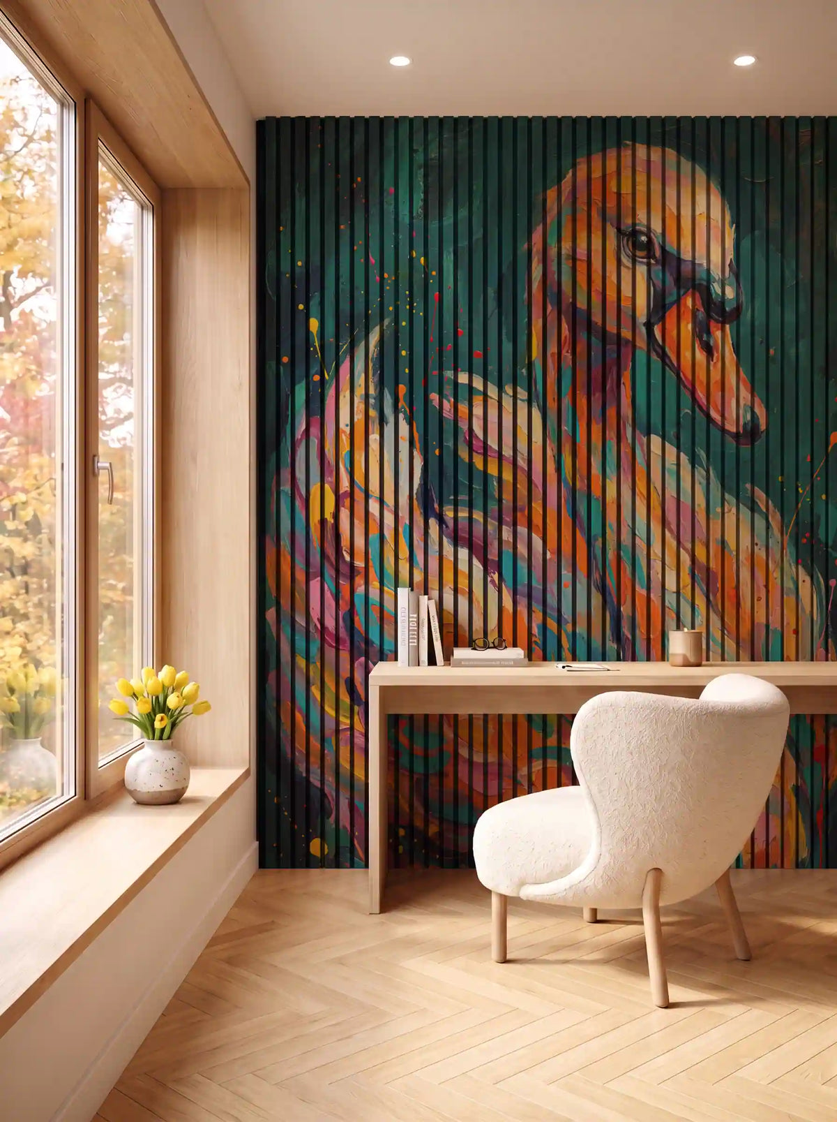 Akustikpanel med Painted Animal motiv nr. 27, i en spisestue